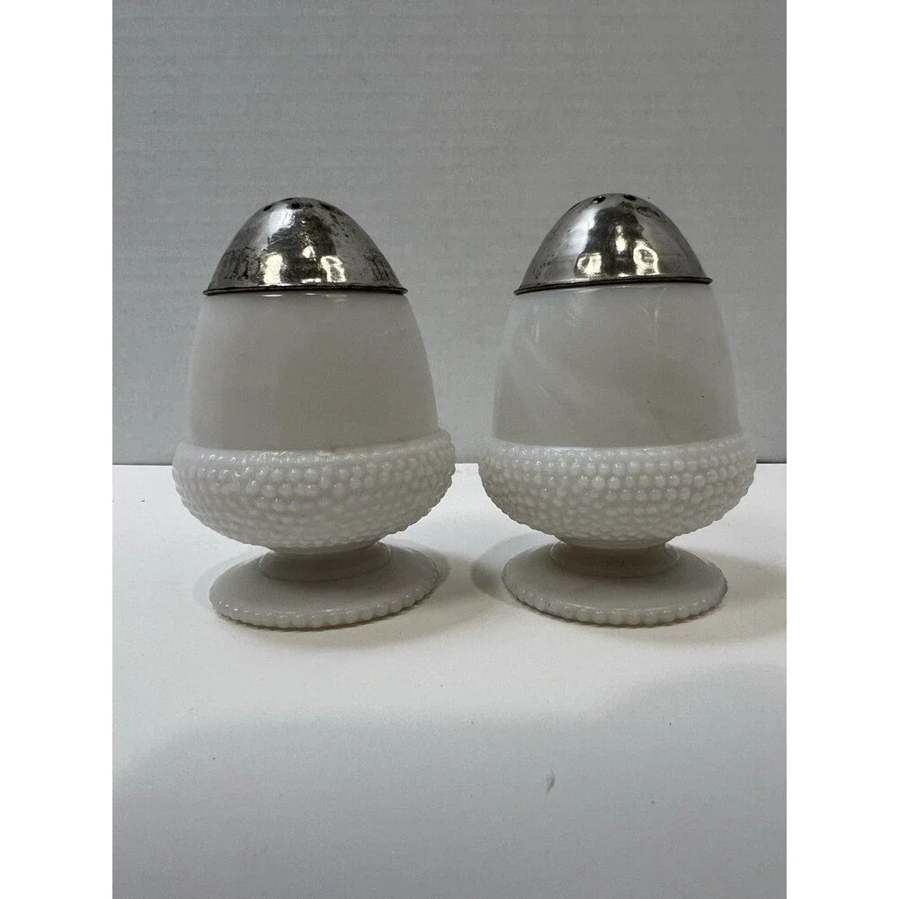 Antique Acorn Opal Glass Salt Pepper Shakers Lids 1880s Rare EAPG Pedestal Foot